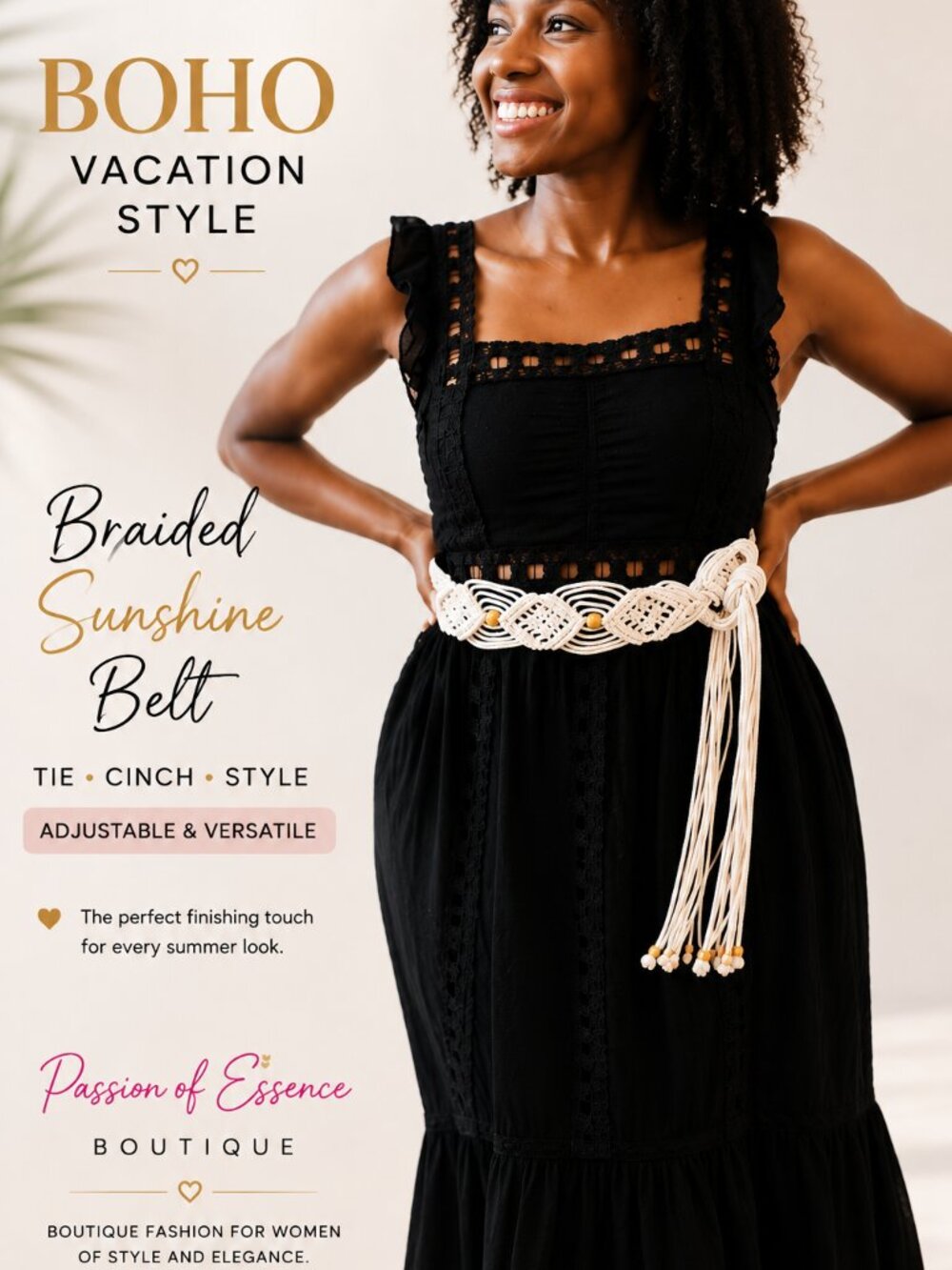 Boho Ivory Braided Rope Belt with Gold Beads – Adjustable Tie Waist Belt